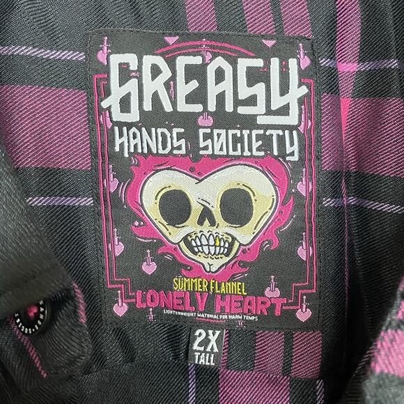 Greasy Hands Society Mens Pink Black Purple Button Up Flannel Shirt 2XLT Tall - Picture 8 of 10